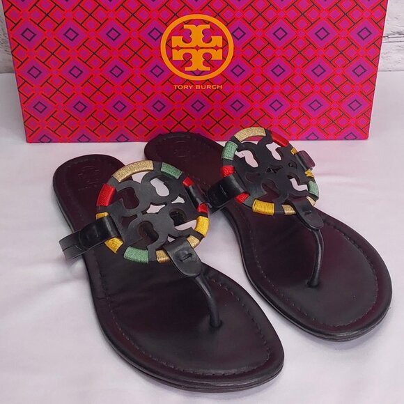 TORY BURCH 'MILLER' LEATHER THONG SANDALS EMBROIDERED W/'TB' BOX - Picture 7 of 16